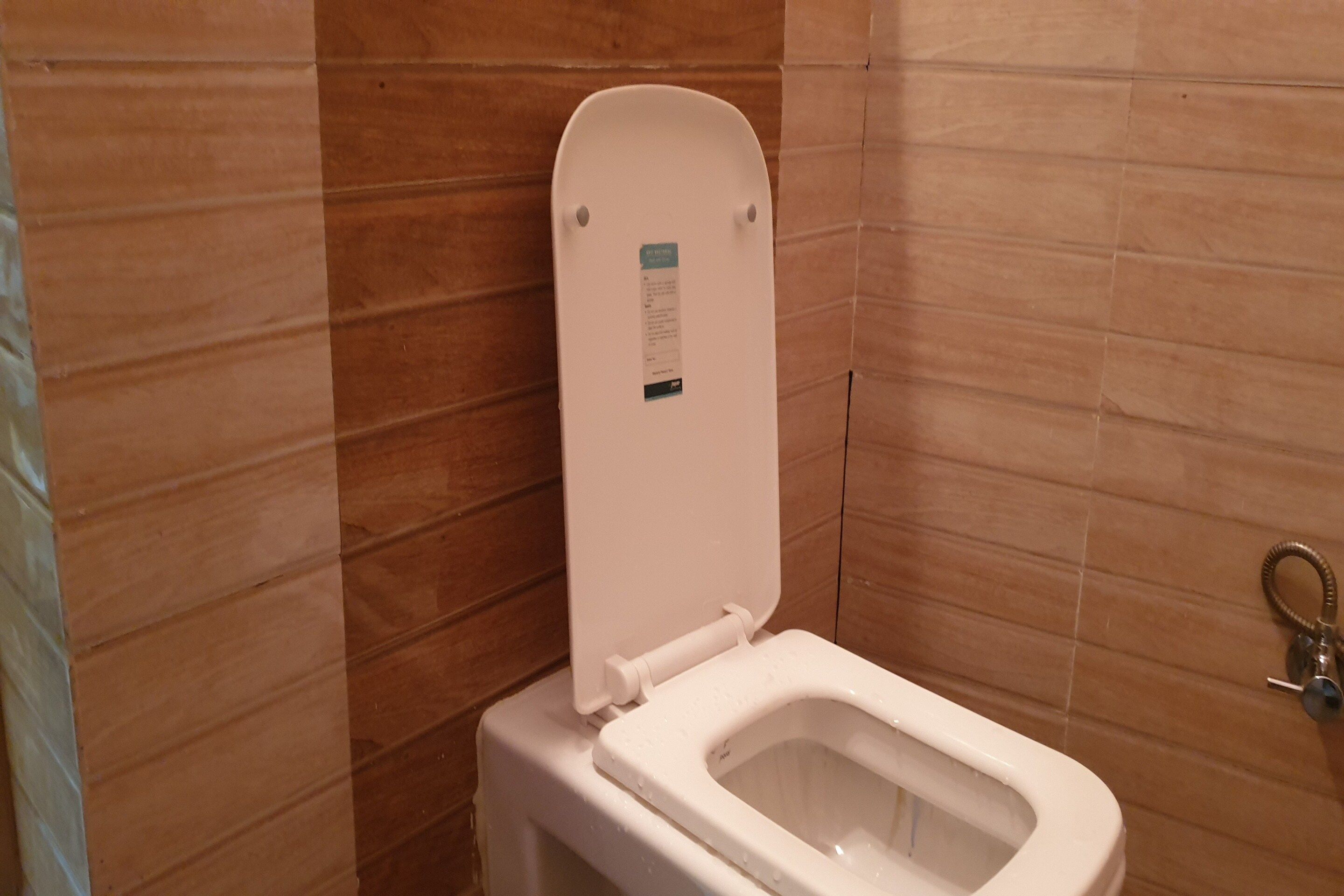 Un inodoro blanco con el asiento cerrado y un tirador de la cadena en la pared.