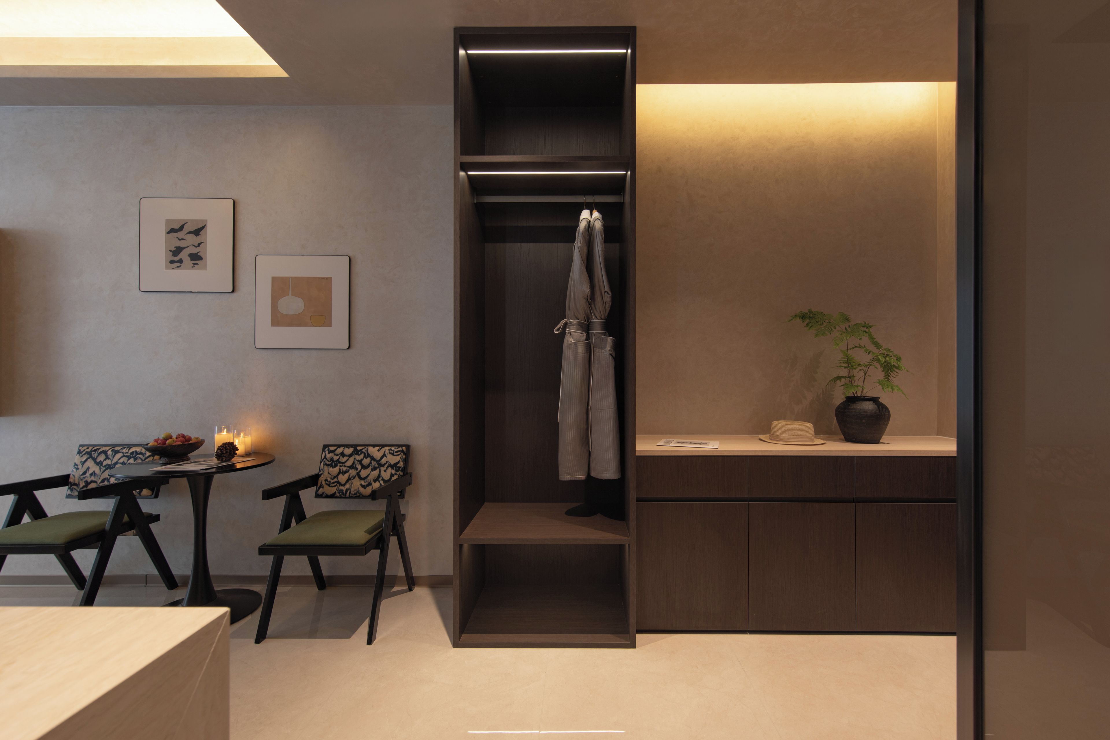 A compact room with a built-in closet, a small table with chairs, and a potted plant.