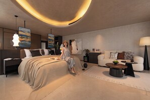 Un dormitorio moderno con cama, mesitas de noche, cómoda y un amplio ventanal.