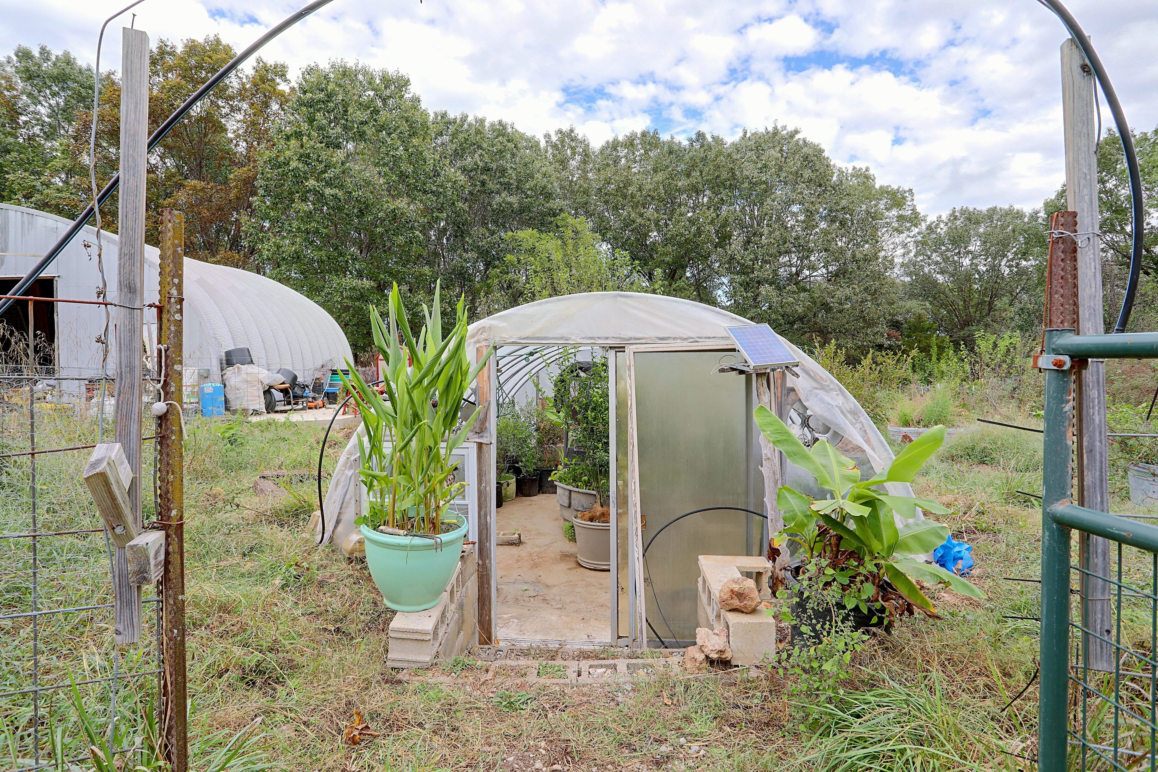 Una estructura invernadero con techo transparente, rodeada por una cerca metálica y diversas plantas en su interior.
