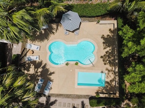 Vista aérea de uma área de piscina com design em formato de osso, cercada por palmeiras e uma área de estar com guarda-sóis.