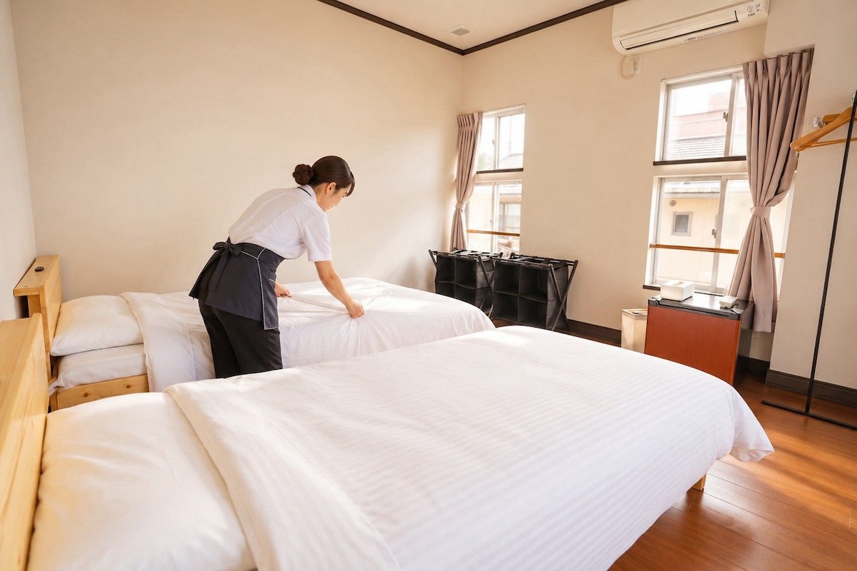 A hotel room with two beds, a desk, and a wardrobe.