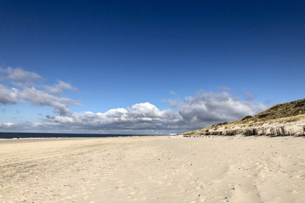 A beach with a clear sky and distant dunes.