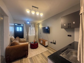 Un espace de vie compact comprenant un canapé, un pouf et un téléviseur à écran plat fixé au mur.