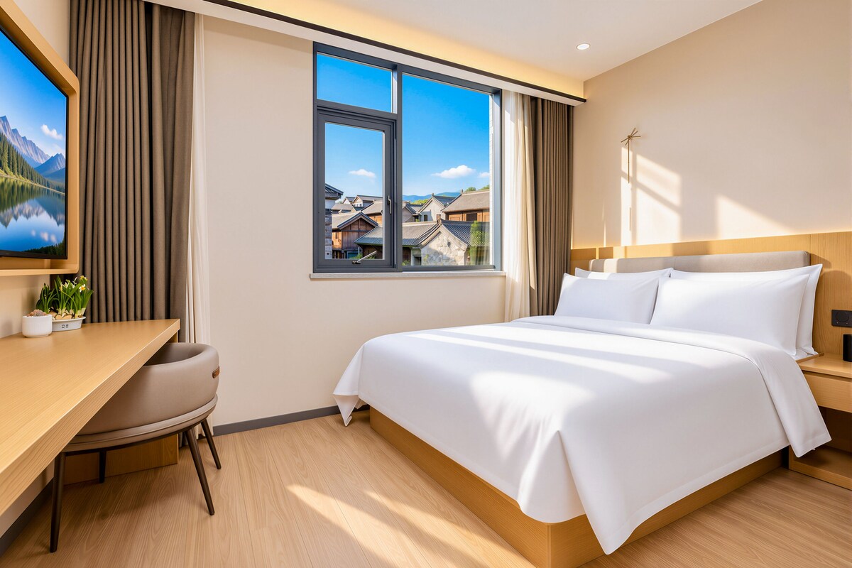 A hotel room with a bed, a desk, a chair, a window with a view of buildings, and a television on the wall.