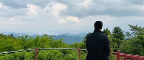 A person standing on a balcony overlooking a mountainous landscape with lush greenery and a cloudy sky. - Charming 3-bedroom house in Suryabinayak perfect for your stay (Suryabinayak)
