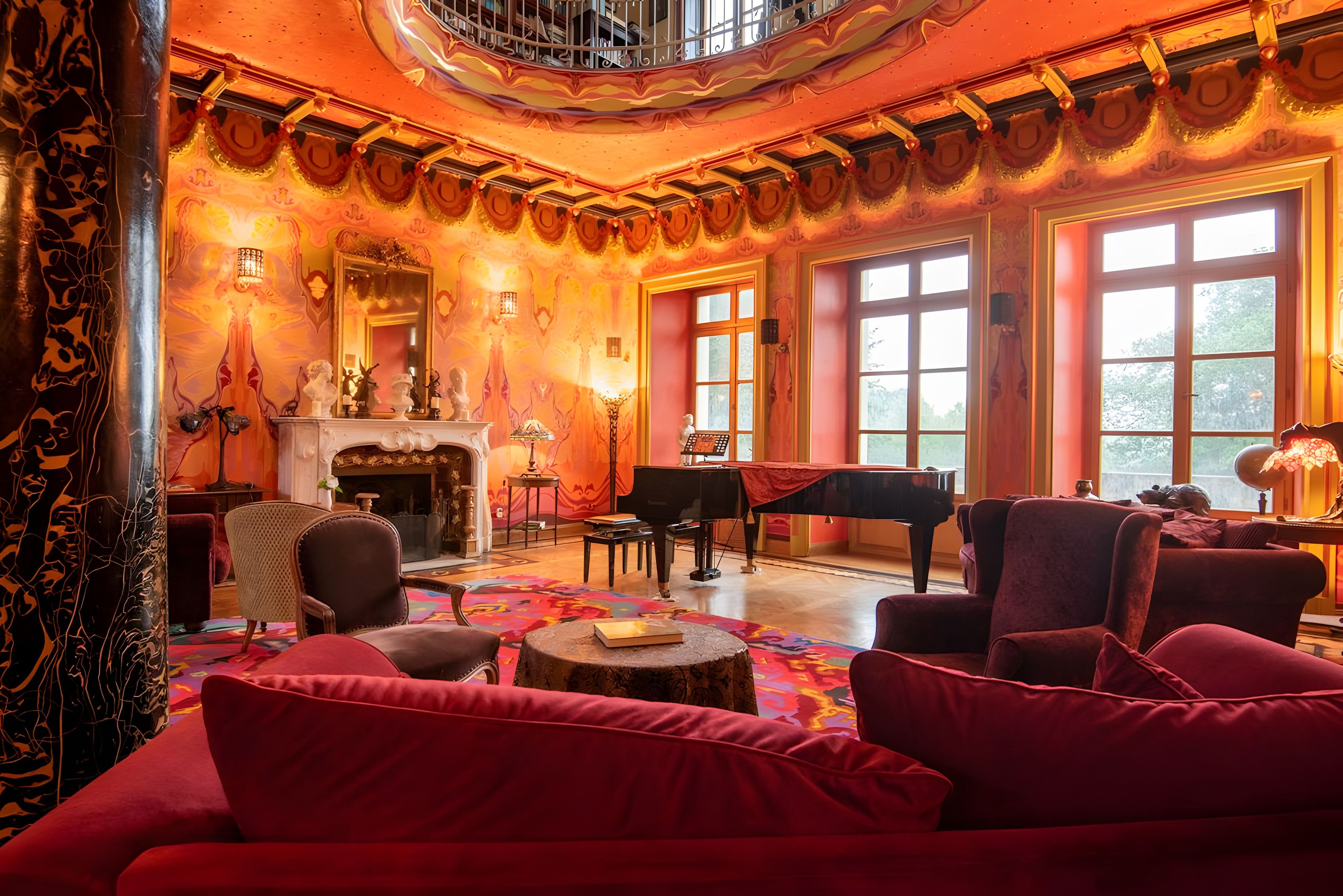 A grand room with a fireplace, a piano, and red upholstered furniture.