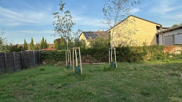 Ein Wohnhausgarten mit Rasenfläche, Holzzaun und einem Haus mit Solaranlage.