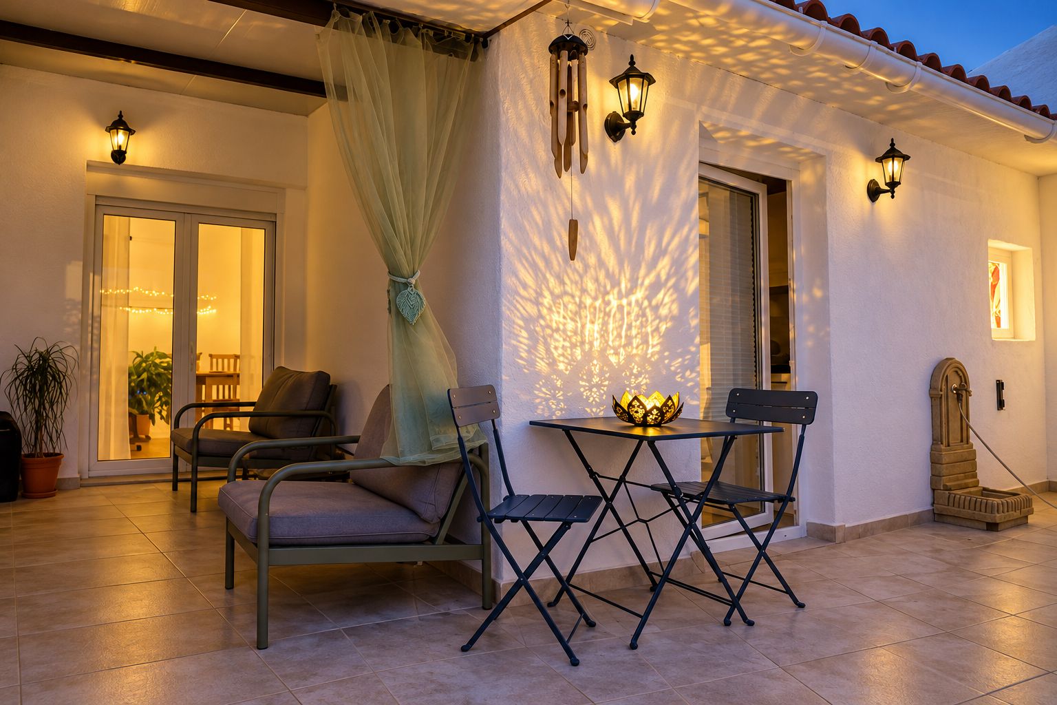 Une terrasse avec une table et des chaises, un luminaire décoratif et un appliques murales.