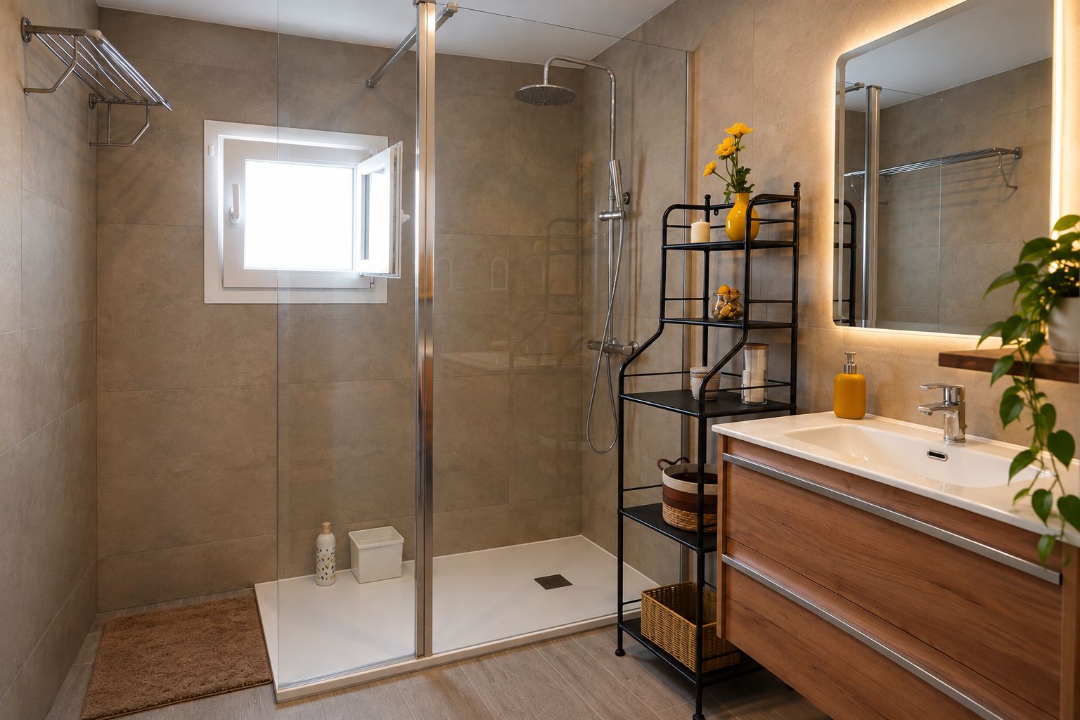 A modern bathroom with a glass-enclosed shower, a wooden vanity with a mirror, and a shelf with toiletries.
