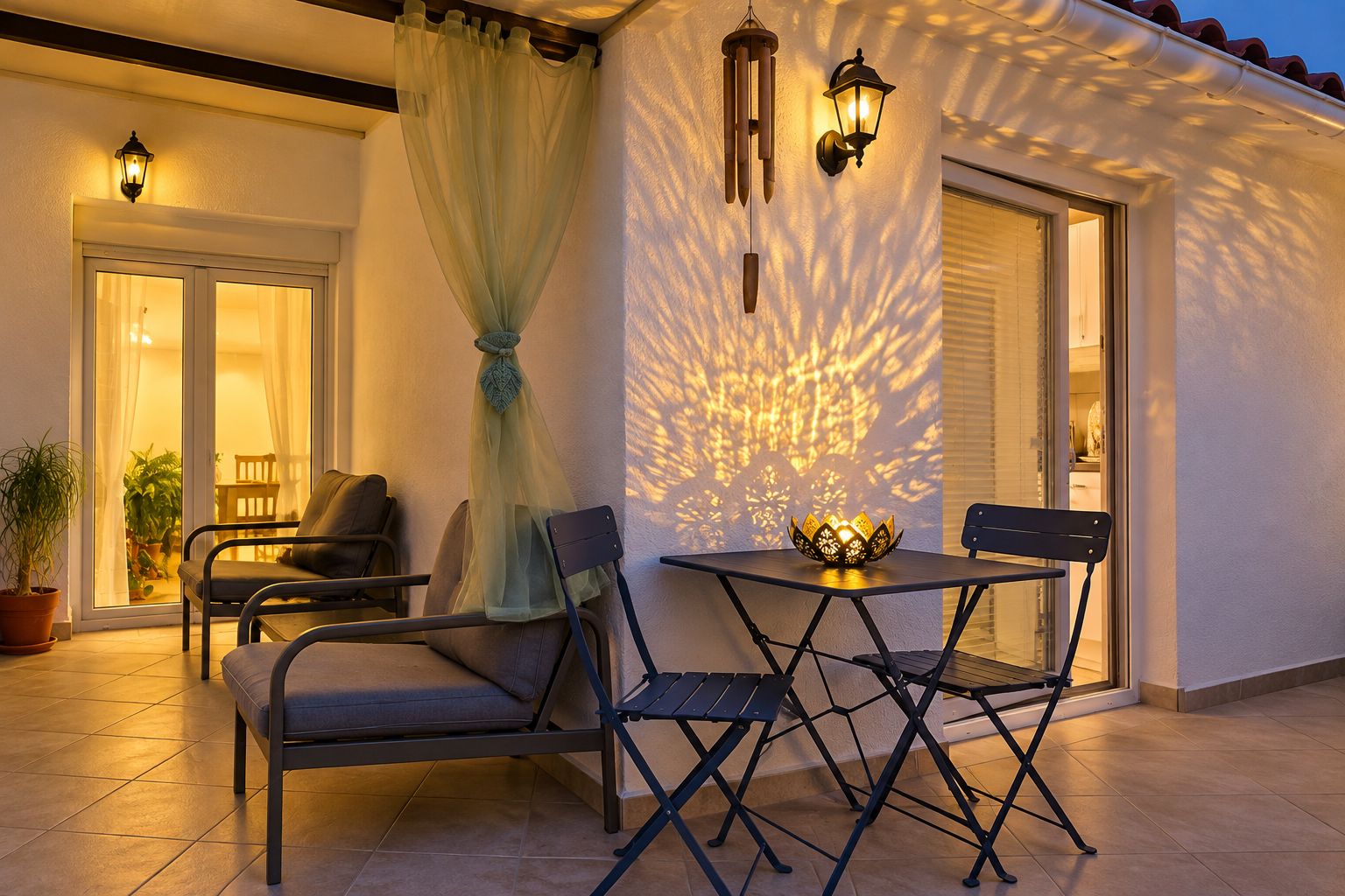 Une terrasse extérieure avec une table et des chaises, une lanterne décorative et un luminaire fixé au mur.