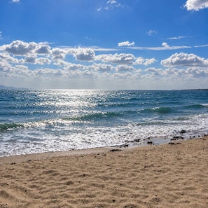 Una playa con arena y el océano.