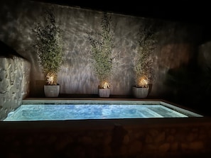 En pool med tre plantekasser på en stenmur.