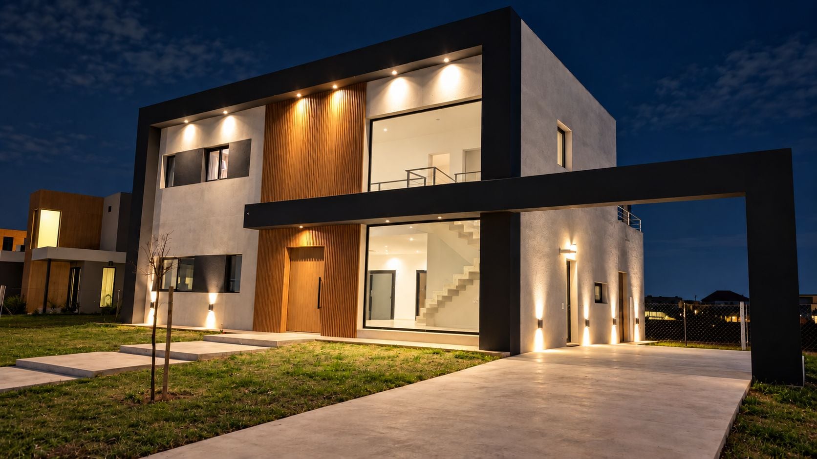 A modern two-story building with a flat roof, large windows, and a visible staircase leading to the upper floor.