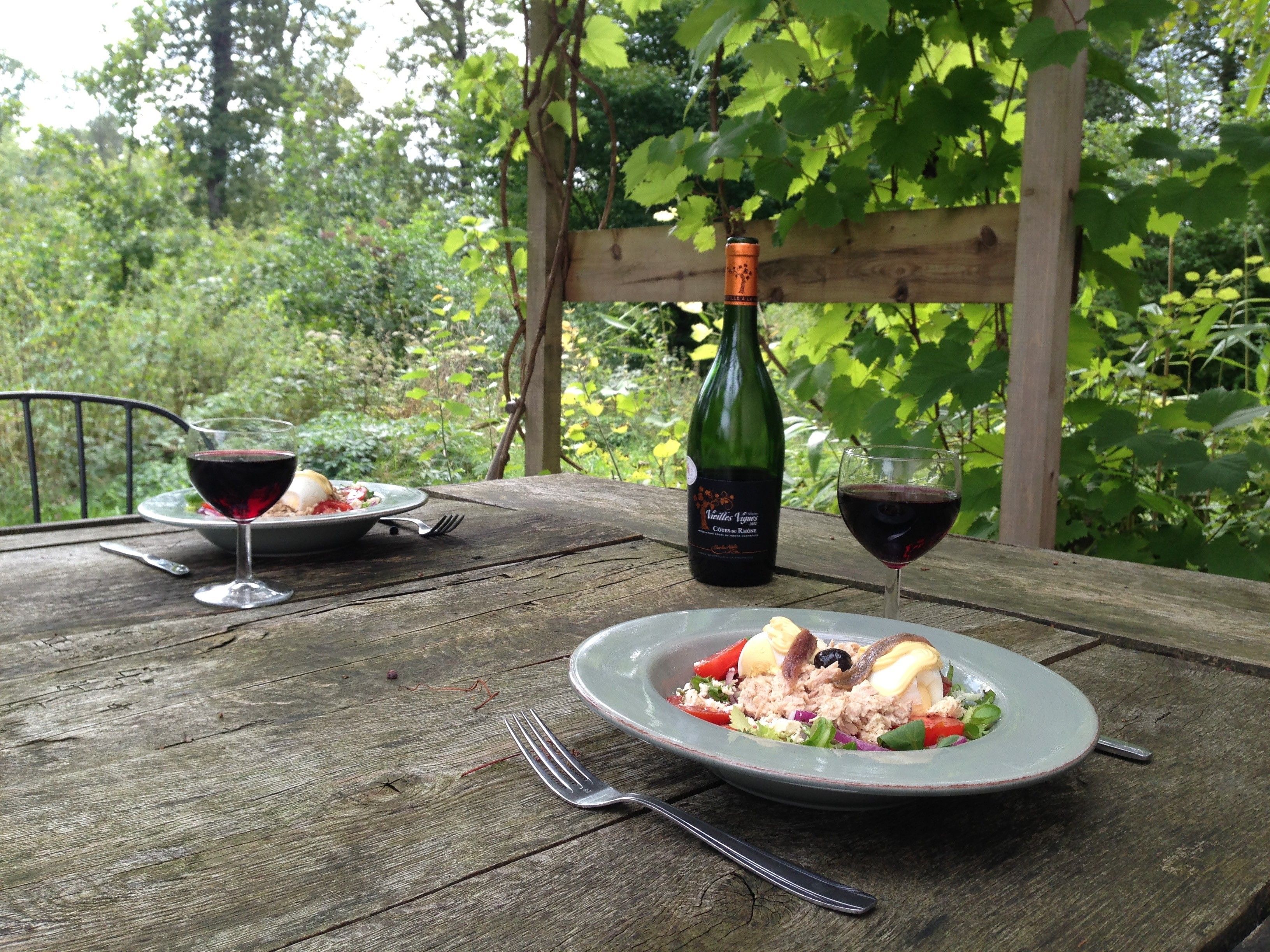 A wooden table with two plates of food and two glasses of red wine, a bottle of wine, and a fork.