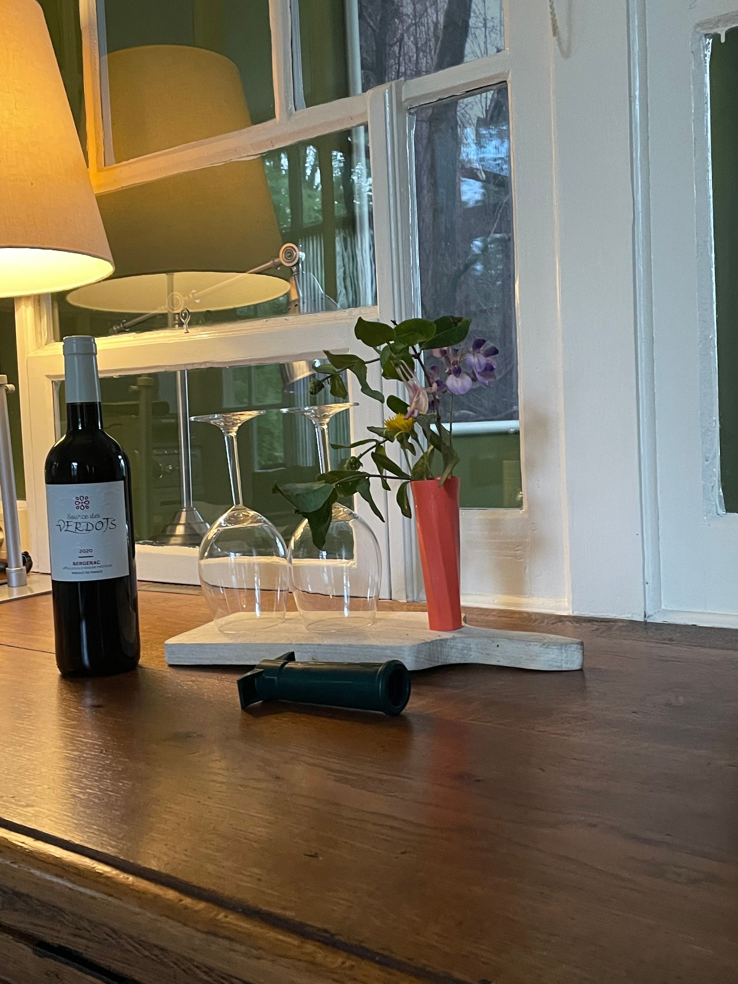 A bottle of wine, a glass, and a potted plant on a wooden table.