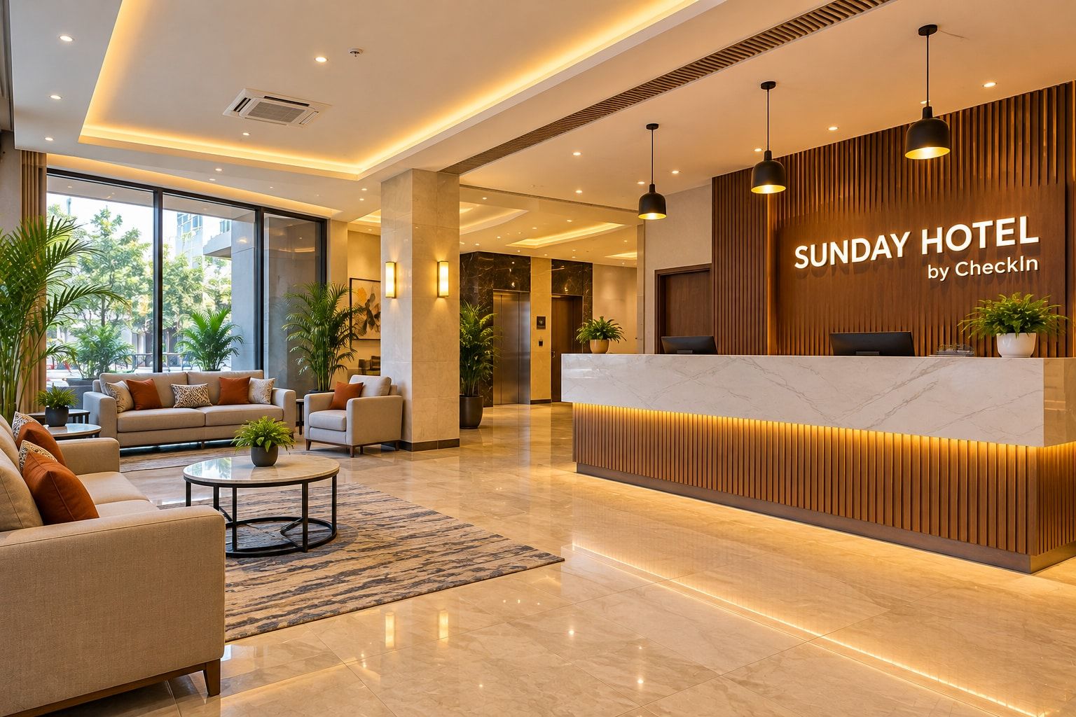 En hotellobby med modern design, inklusive en receptionsdisk, en sittgrupp med soffor och krukväxter.