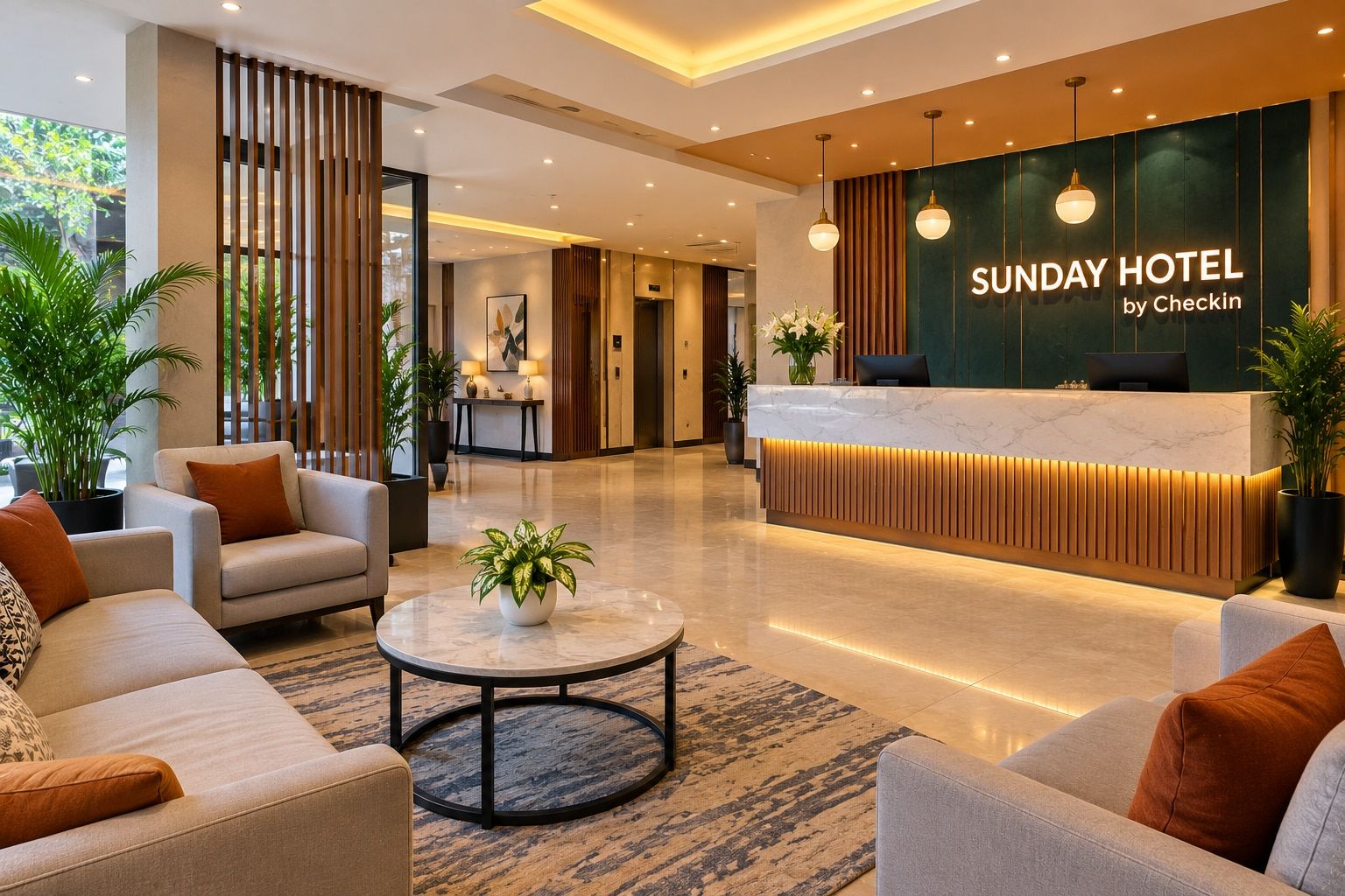 Eine Hotelhalle mit einer Rezeption, einer Sitzecke und einem großen Fenster.