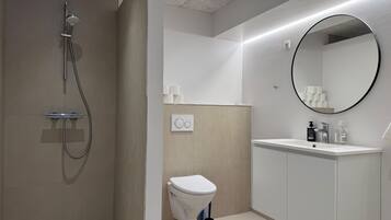 A modern bathroom with a shower, toilet, sink, and a large mirror.