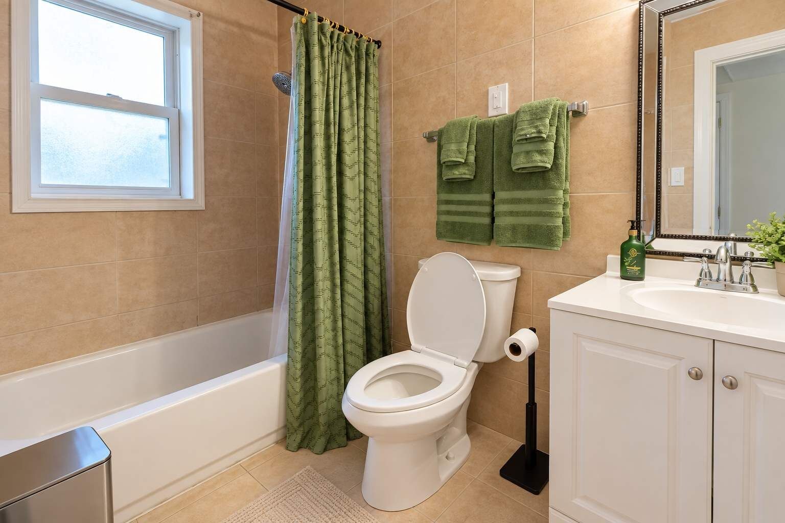 Ein Badezimmer mit Badewanne, Toilette und Waschbecken.