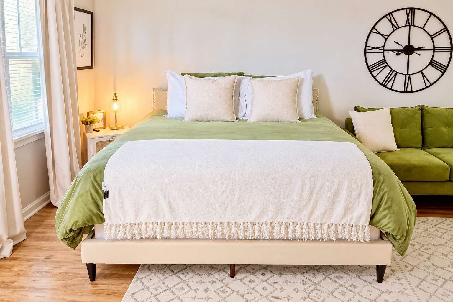 A bed with a green and white bedspread, a bedside table with a lamp, and a green sofa.