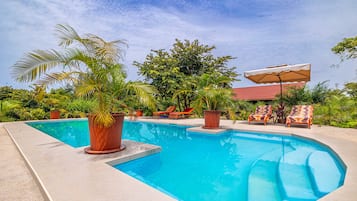Una piscina con sillas de descanso alrededor y plantas en macetas.