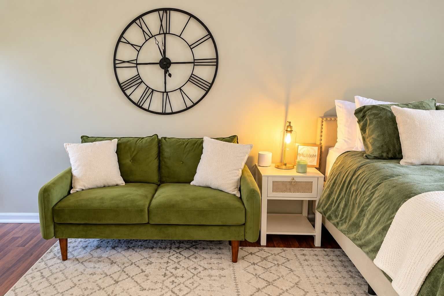 A room with a green sofa, a white nightstand, a bed with green bedding, and a large wall clock.