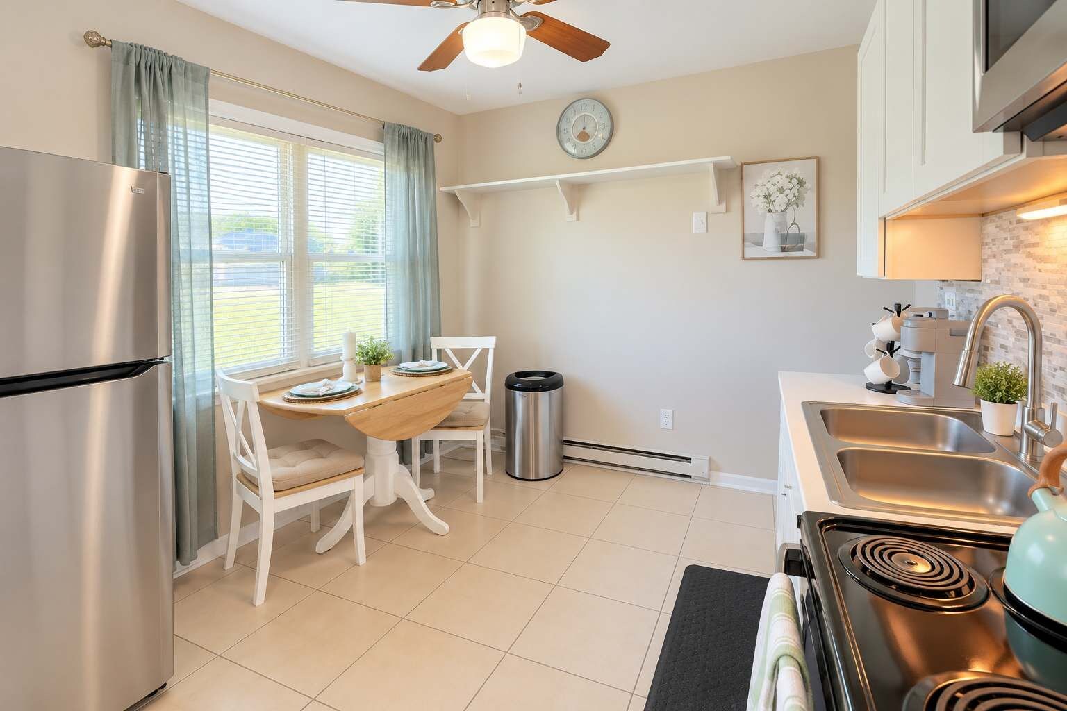 A modern kitchen with a stainless steel refrigerator, a dining table with chairs, a stove, and a sink.