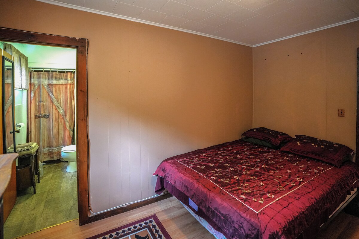 A bedroom with a single bed, a wooden door, and a small bathroom visible through the door.