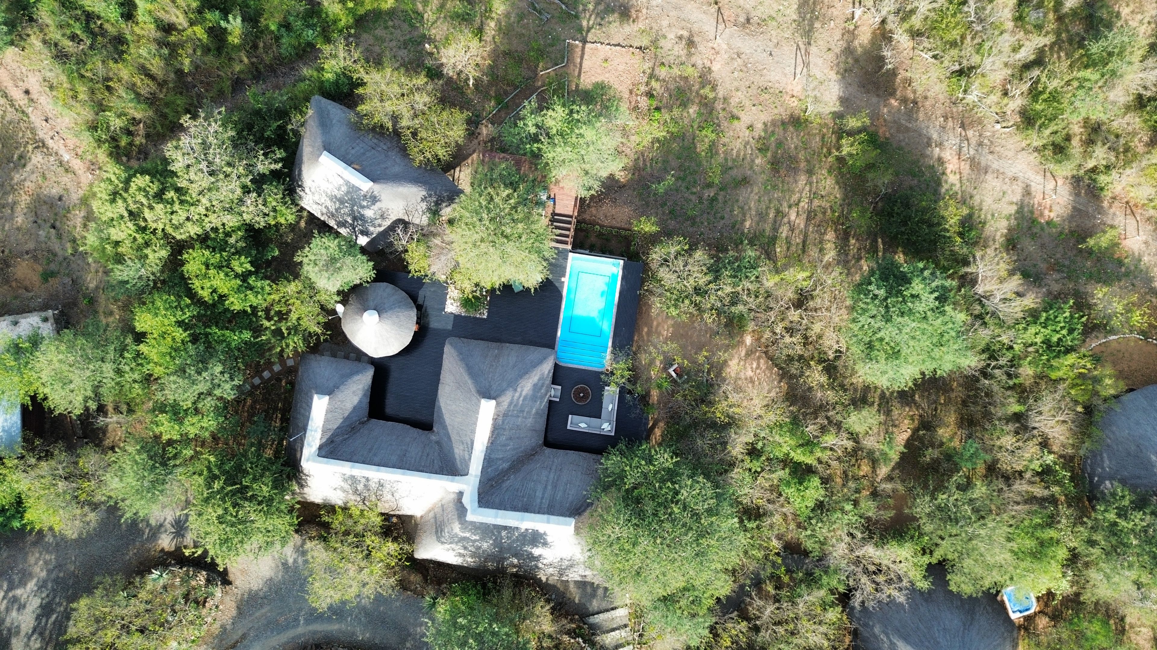 Vista aérea de uma casa com piscina, cercada por vegetação densa.