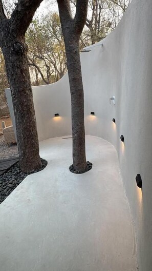 A curved concrete structure with embedded lighting, surrounded by trees. - Tulani Boutique Lodge (Phalaborwa)