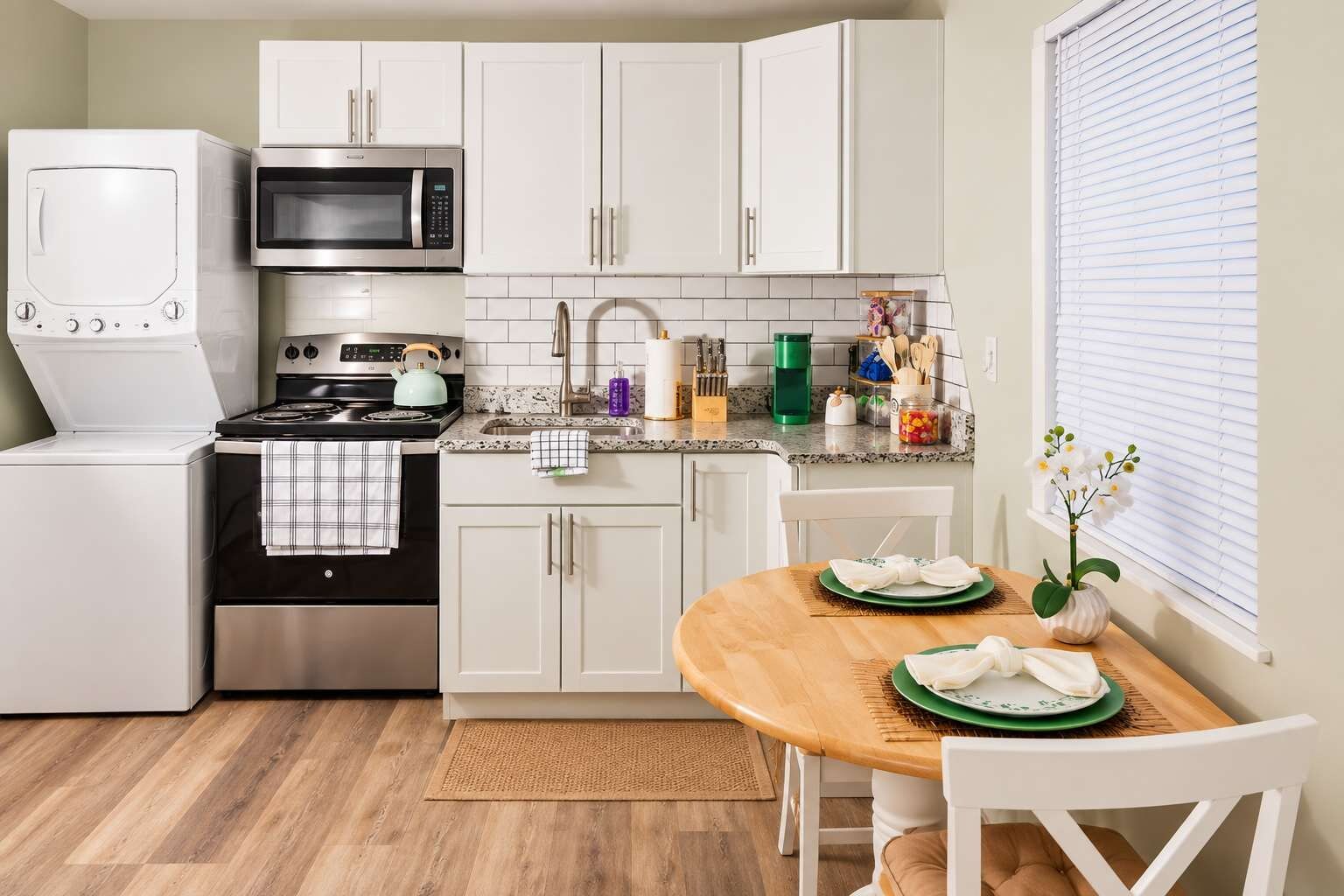 A compact kitchen with white cabinets, a microwave, a stove, and a sink. There's a dining area with a table and chairs.