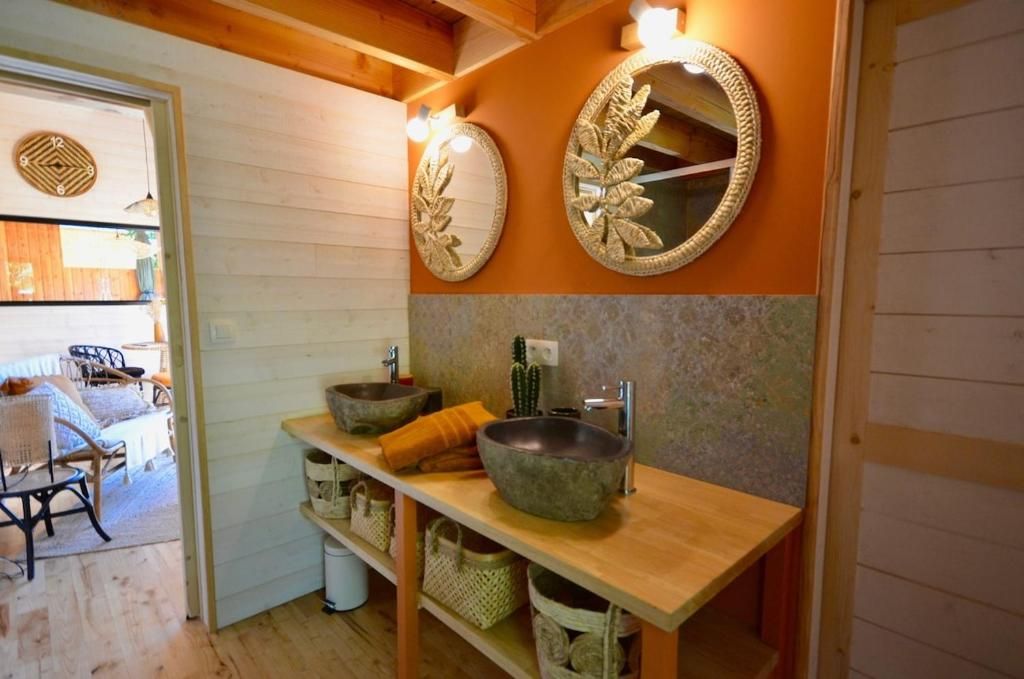 A bathroom with a wooden vanity, two round mirrors with leaf designs, a cactus, and a stone basin.