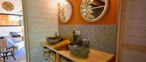 A bathroom with a wooden vanity, two round mirrors with leaf designs, a cactus, and a stone basin.