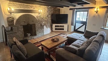 Una sala de estar acogedora con chimenea de piedra, un sofá, una mesa de centro y un televisor.