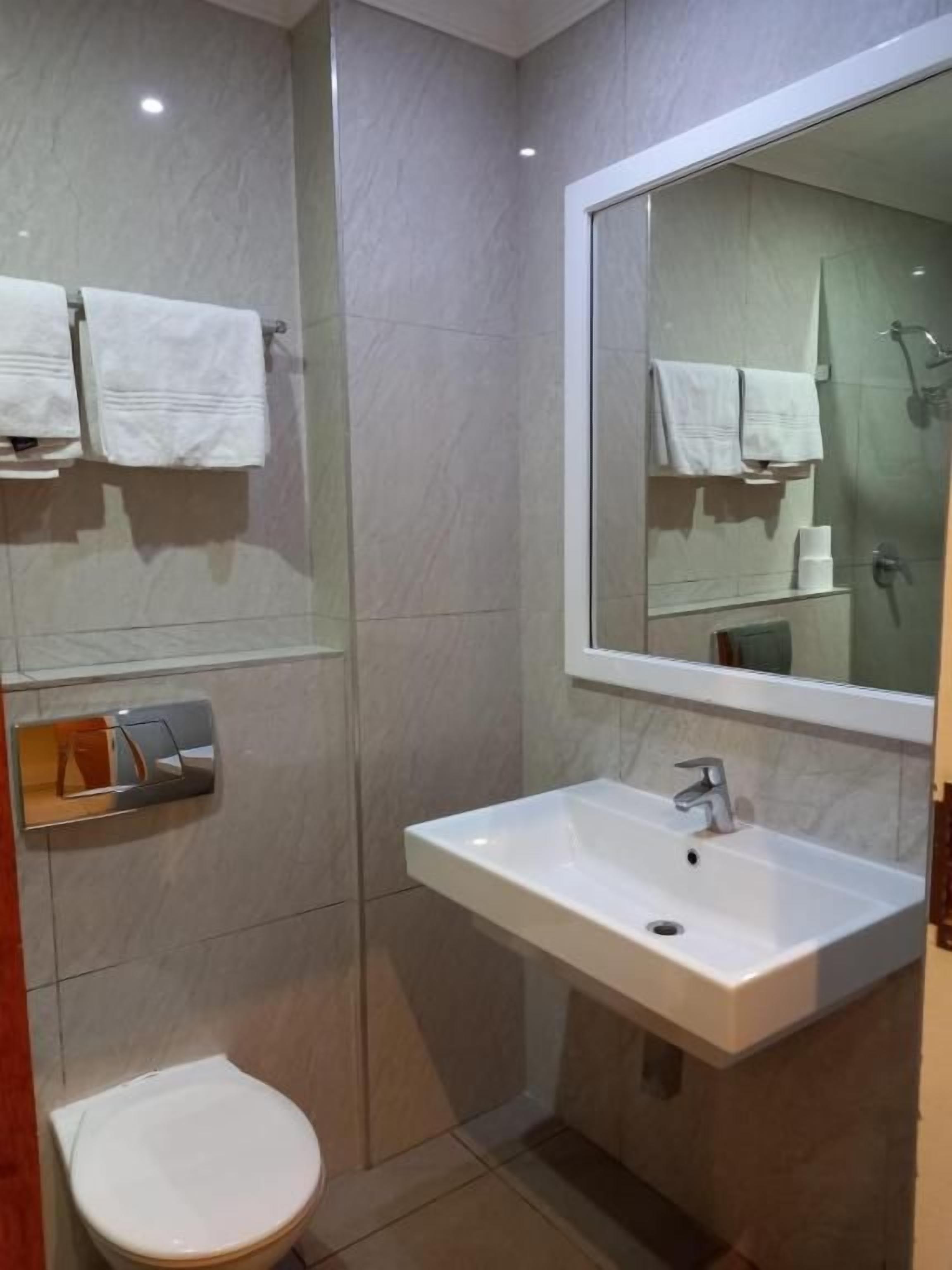 Un baño con inodoro, lavamanos y espejo.