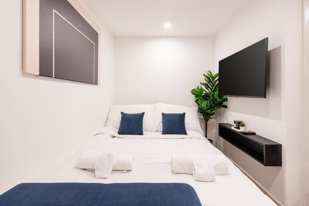 Habitación de hotel moderna con cama, televisor de pantalla plana en la pared, mesita de noche y una planta en maceta.