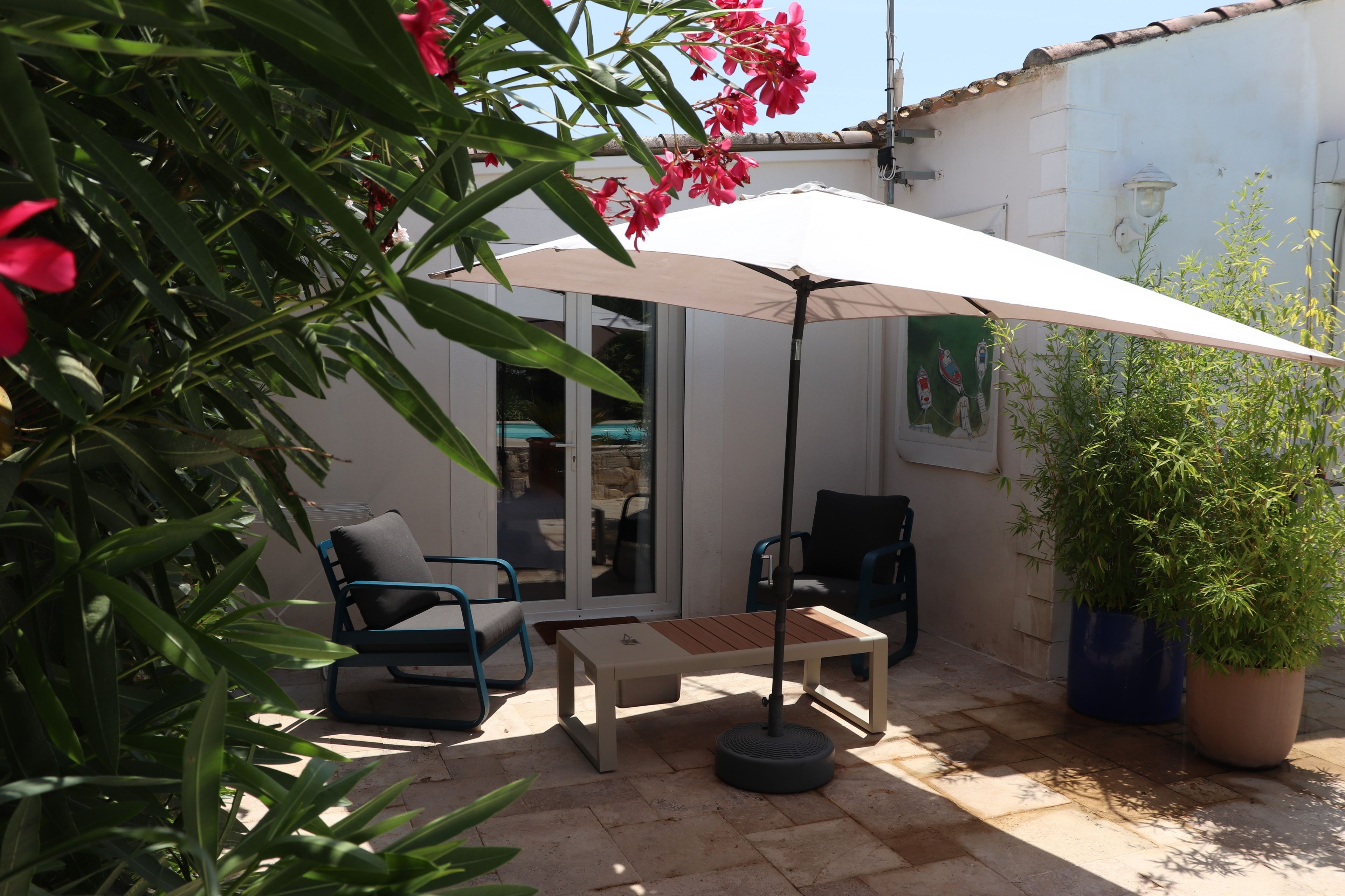 Un'area patio con tavolo e sedie, una pianta in vaso e un ombrellone grande.