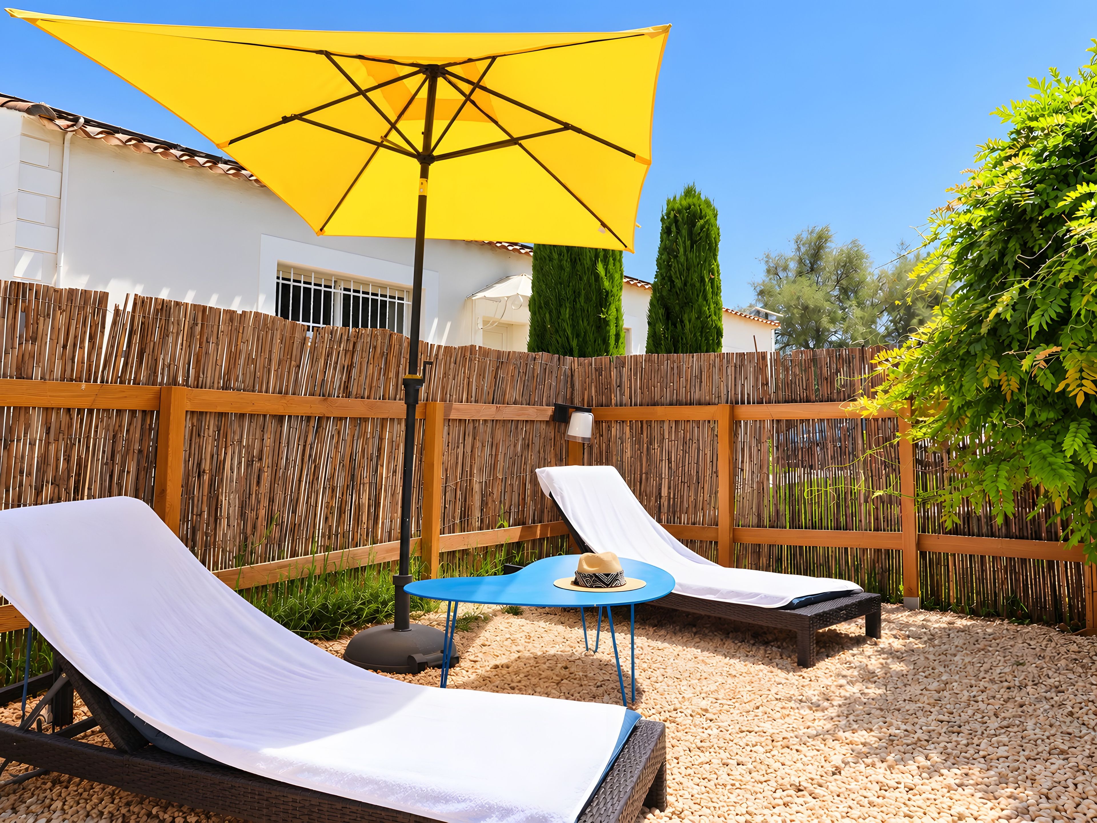 Eine Terrasse mit zwei Liegestühlen, einem Tisch und einem gelben Sonnenschirm.