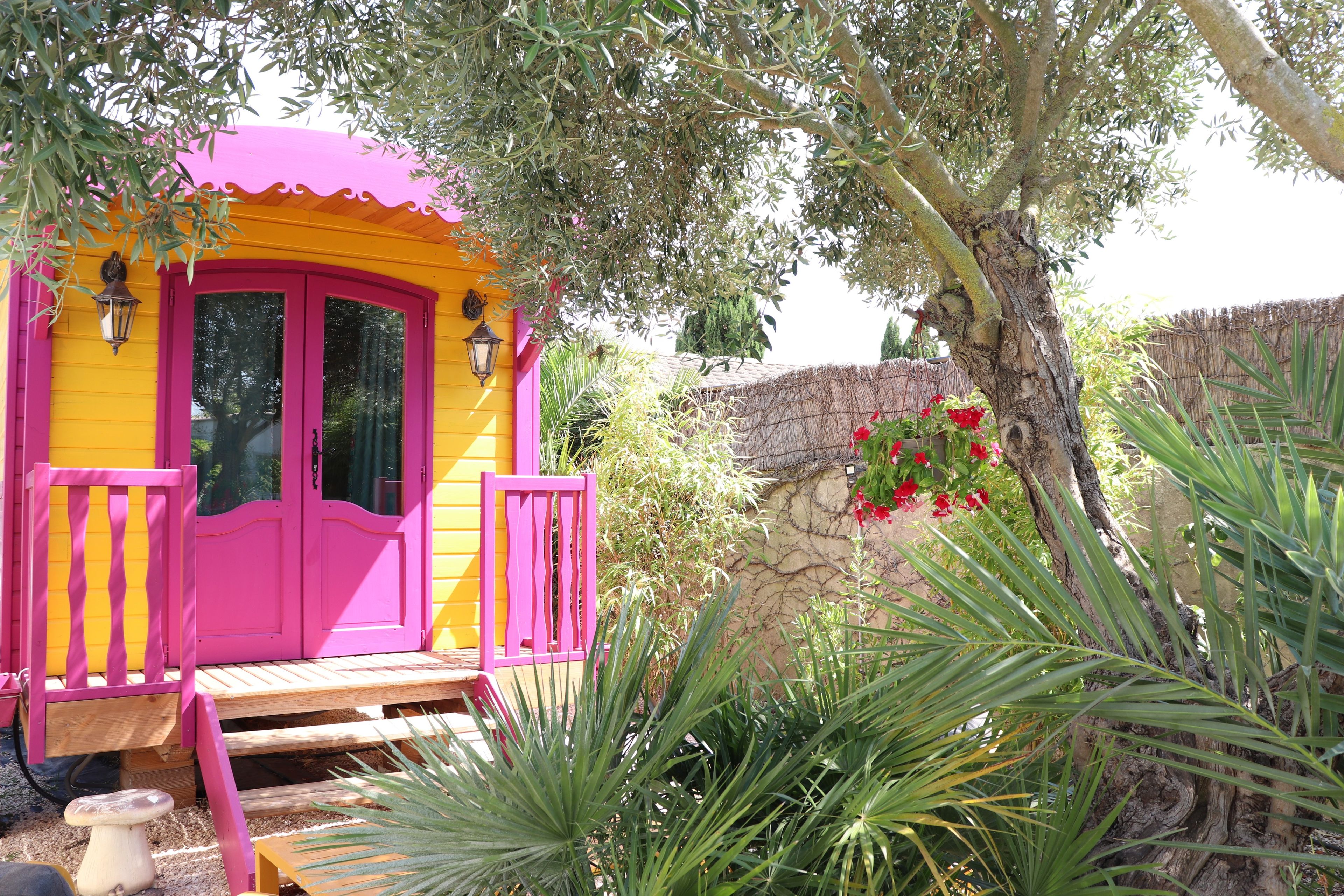 Une structure en bois aux couleurs vives, avec une porte et des fenêtres roses, entourée de verdure et d’un mur de pierre.