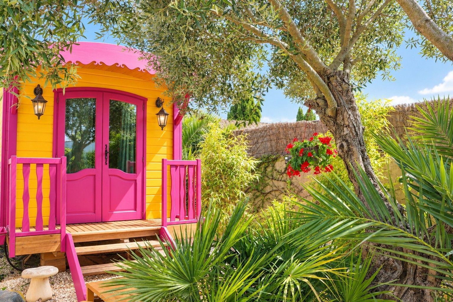 A small, brightly colored building with a pink door and steps leading up to it, surrounded by lush greenery and a tree with red flowers.