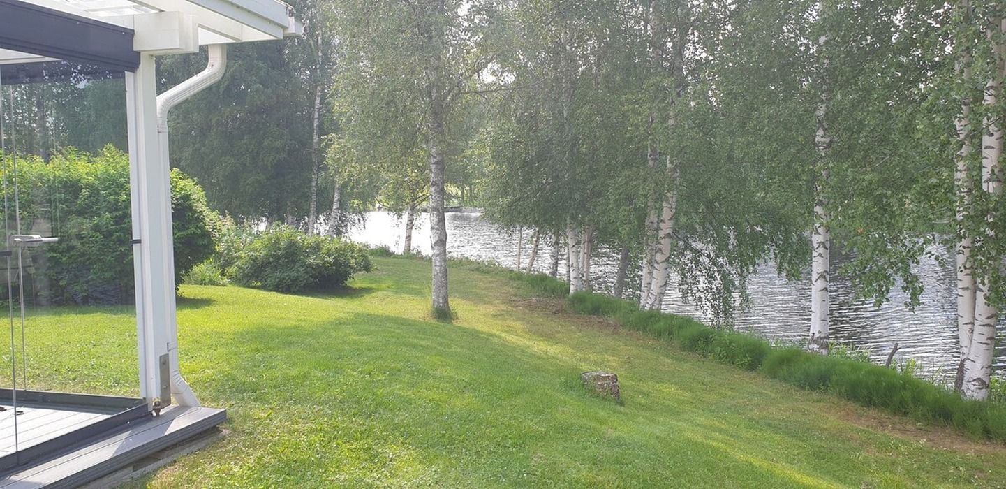 Rauhallinen ulkoalue, jossa on nurmikenttä, pieni kivi ja koivuja.