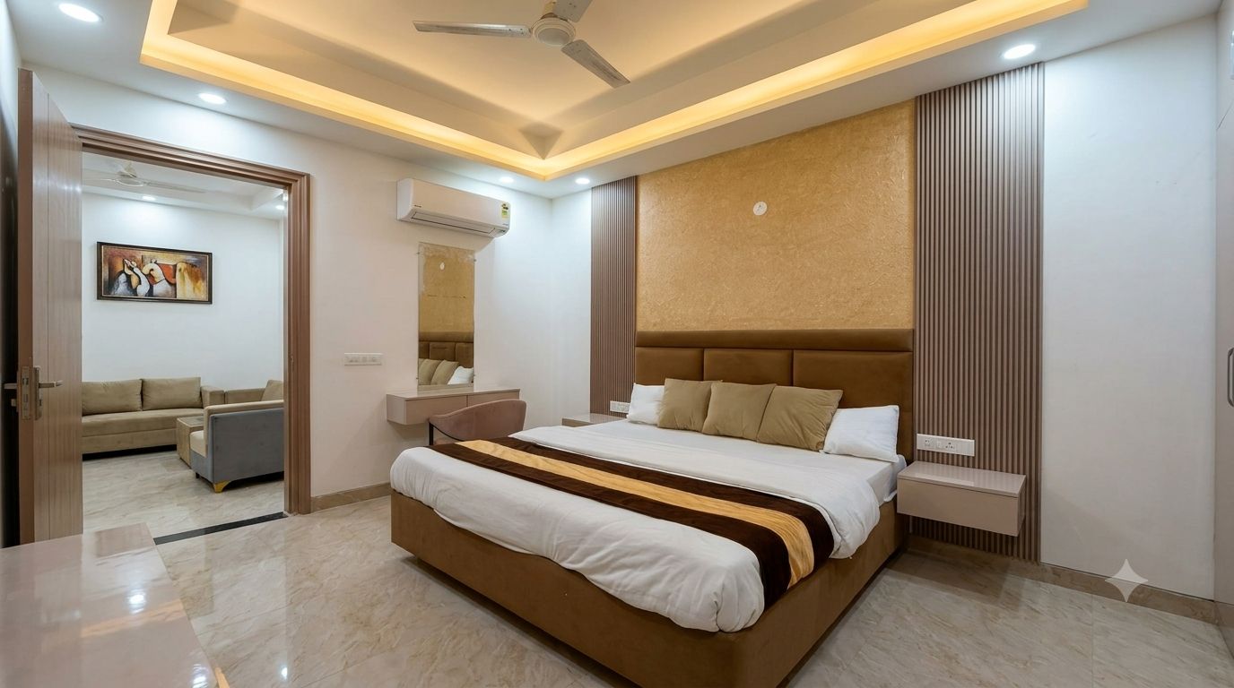 A modern bedroom with a large bed, bedside tables, a ceiling fan, and an air conditioning unit.