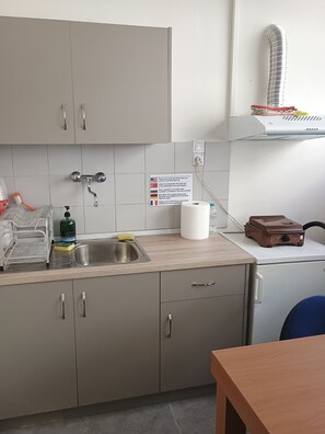 Een keuken met een spoelbak, een kraan, een afdruiprek, een fles afwasmiddel, een spons, een rol keukenpapier en een broodrooster op het aanrecht.