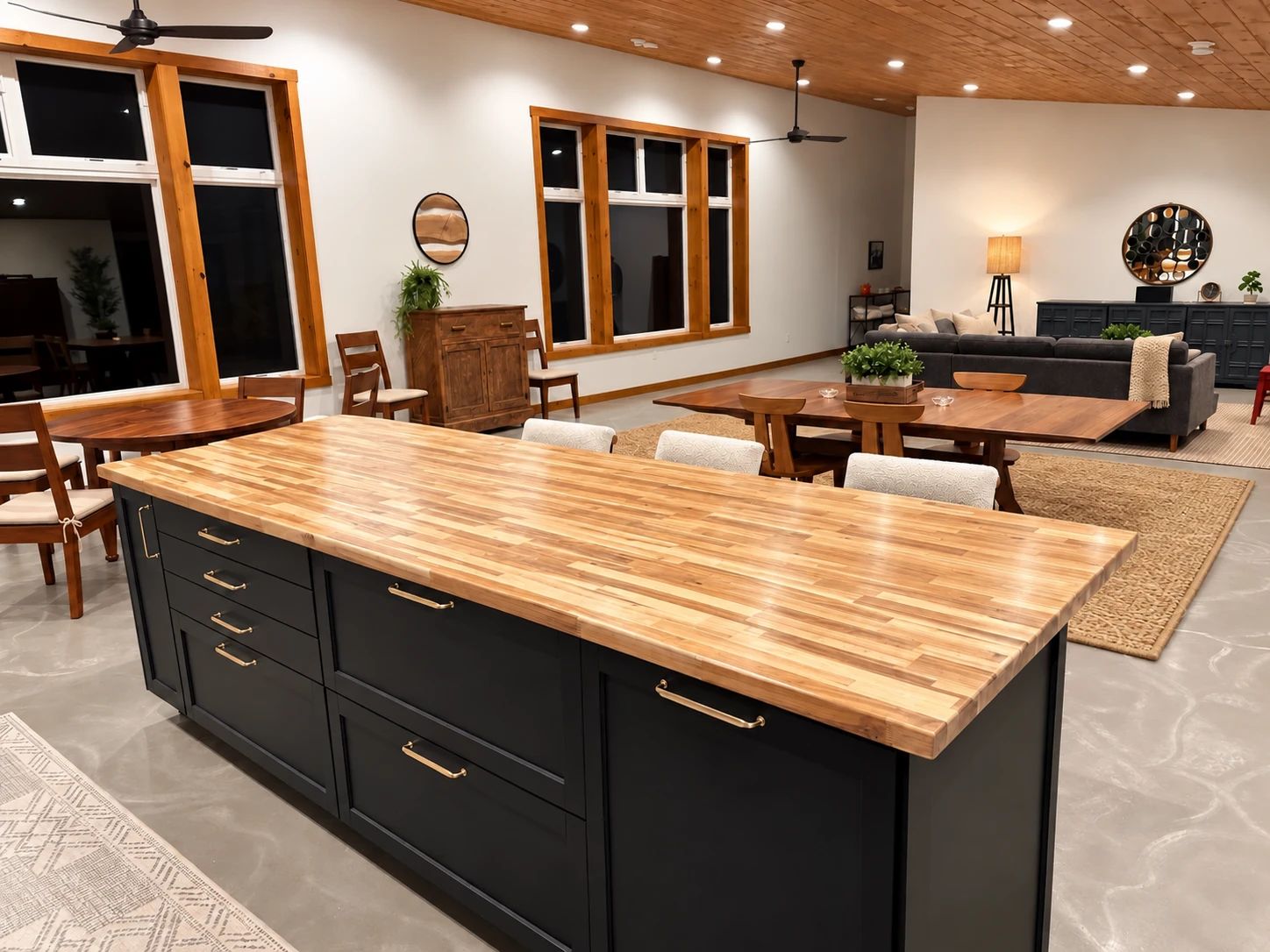 Una cocina moderna con una isla grande, armarios de madera y un rincón comedor con sofá y mesa.