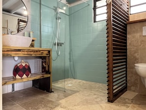 A bathroom with a shower, a sink, and a toilet. - New Listing (Saint-Paul)