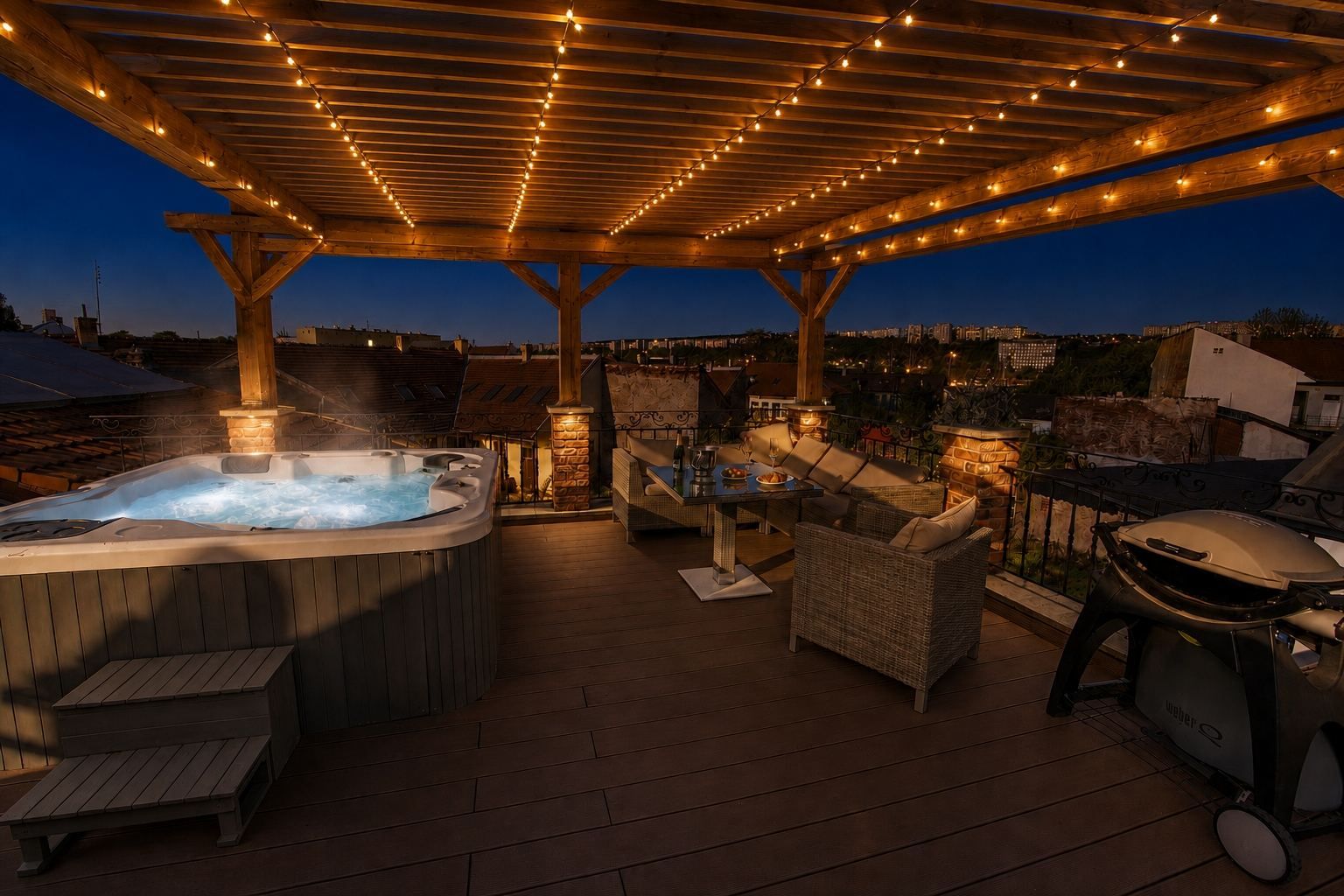 A rooftop patio with a hot tub, outdoor seating, and string lights.