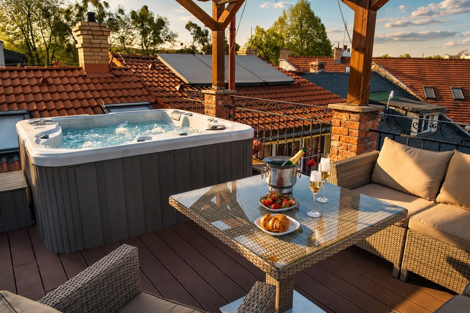 A hot tub on a deck with wicker furniture and a table set with food and drinks.
