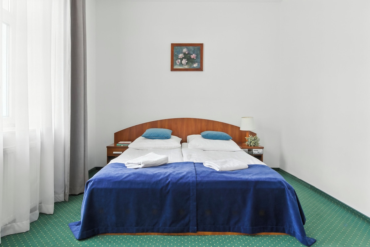 Une chambre d’hôtel avec un lit double, une table de chevet, une lampe et un tableau au mur.