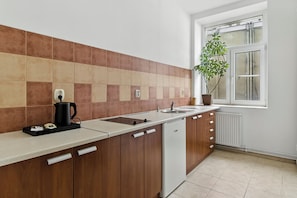A modern kitchen with a built-in stove, a sink, wooden cabinets, and a potted plant by the window. - Nest Apartament by Solarento (Warszawa)